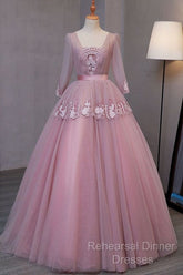 Dark Pink V-Neckline Ball Gown Lace Applique Sweet 16 Dress, Pink Semi Formal Prom Dress Party Dress